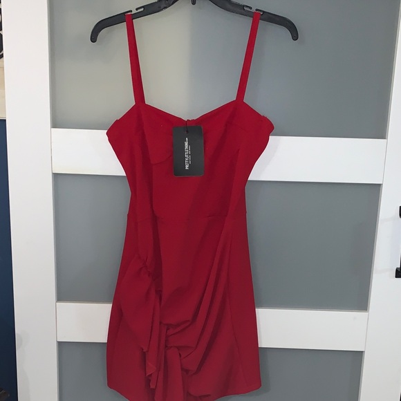 PrettyLittleThing Dresses & Skirts - PrettyLittleThing Red Ruffle-Front Spaghetti Strap Mini Dress